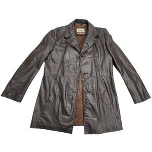 Vintage 70s Cresco Leather Car Coat Jacket Mens 42L Brown Button Trench READ